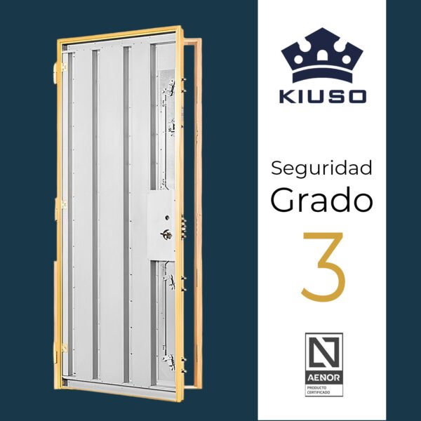 Puerta acorazada Kiuso 100 grado 3 con estructura de acero y sistema antipalanca.