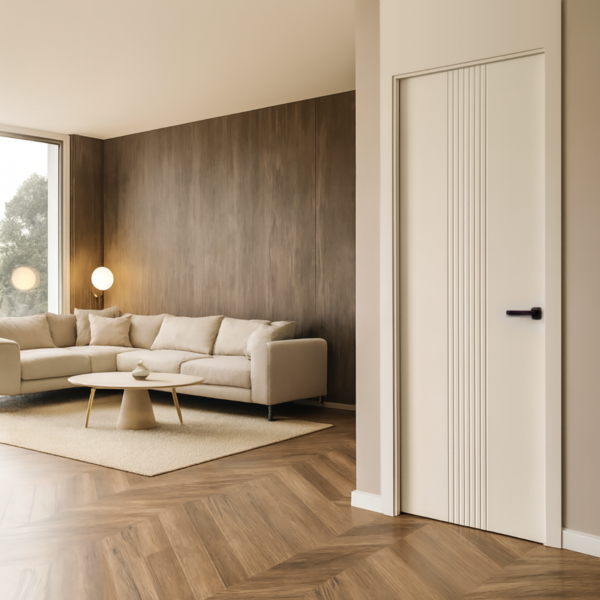 Puerta interior estándar Adelfa lacada en blanco con relieve suave, diseño moderno de Maiporta.