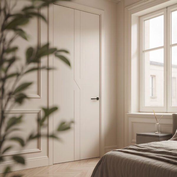 Puerta interior estándar Kelexia lacada en blanco con relieve dinámico, diseño moderno de Maiporta.