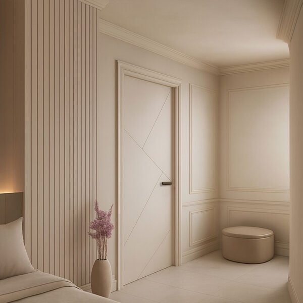 Puerta interior estándar Axis lacada en blanco con líneas horizontales, diseño moderno de Maiporta.