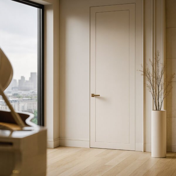 Puerta interior estándar Soria lacada en blanco con relieve vertical, diseño moderno de Maiporta.