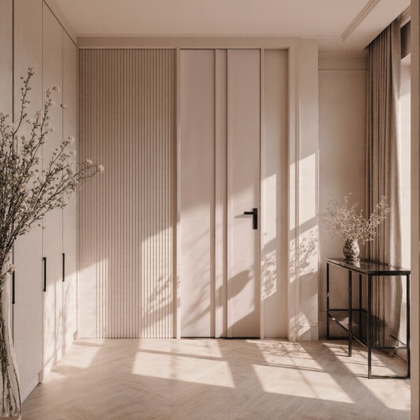 Puerta interior estándar Voluma lacada en blanco con relieve geométrico, diseño moderno de Maiporta.